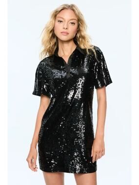 Alice + Olivia Treva Sequin Polo Shirt Collared Button Mini Dress Black XS